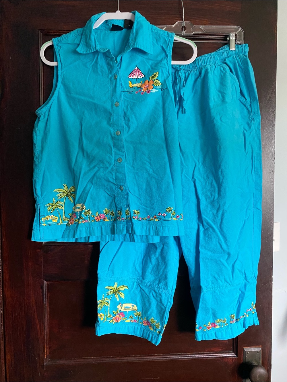 Vintage Erika Tropical Two Piece Matching Set Cotton Teal Blue M/1X